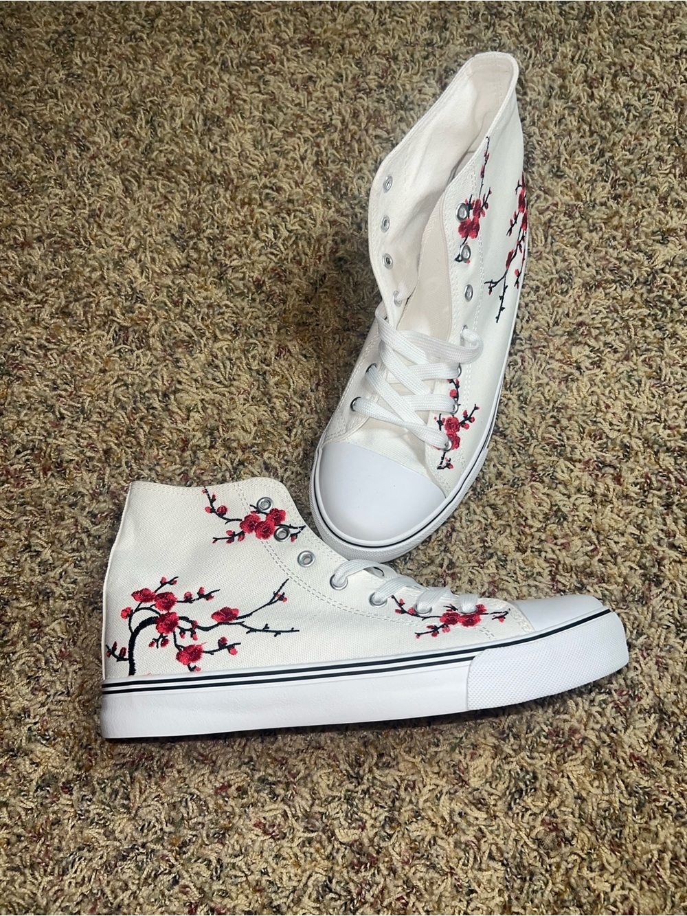 Women’s White High-Top Sneakers with Red Floral Embroidery